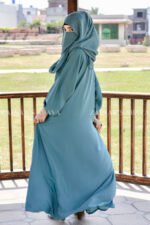 Grape Colored Maxi Abaya in Nida Korean Fabric with Elastic Sleeves Cuffs and a matching scarf in chiffon fabric.