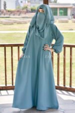 Grape Colored Maxi Abaya in Nida Korean Fabric with Elastic Sleeves Cuffs and a matching scarf in chiffon fabric.
