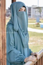 Grape Colored Maxi Abaya in Nida Korean Fabric with Elastic Sleeves Cuffs and a matching scarf in chiffon fabric.
