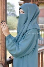 Grape Colored Maxi Abaya in Nida Korean Fabric with Elastic Sleeves Cuffs and a matching scarf in chiffon fabric.