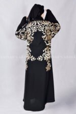 Nida Black Front Open Abaya with Embroidery Embellishment on Front, Back, Sleeves and motif on the Scarf in Chiffon Fabric.