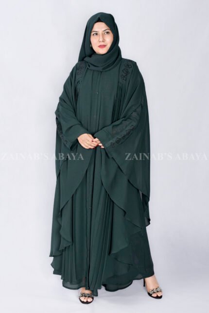 Kaftan Abaya in Dual Layer Chiffon fabric with Plated Style on Front and Stone Embellishment at Shoulders and Sleeve Cuffs as well as a matching scarf in Chiffon