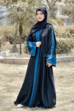 Black Front Open Abaya in Nida Korean Fabric with double colored strap and a matching scarf in chiffon fabric.