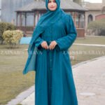 Front Open Abaya in Nida Korean Fabric featuring button down style, two side pockets, and adjustable belt or a matching scarf in chiffon fabric.