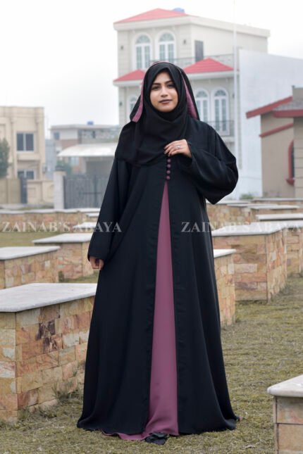 Nida Front Open Abaya with Button Style on Front Neck and a matching scarf in chiffon fabric.