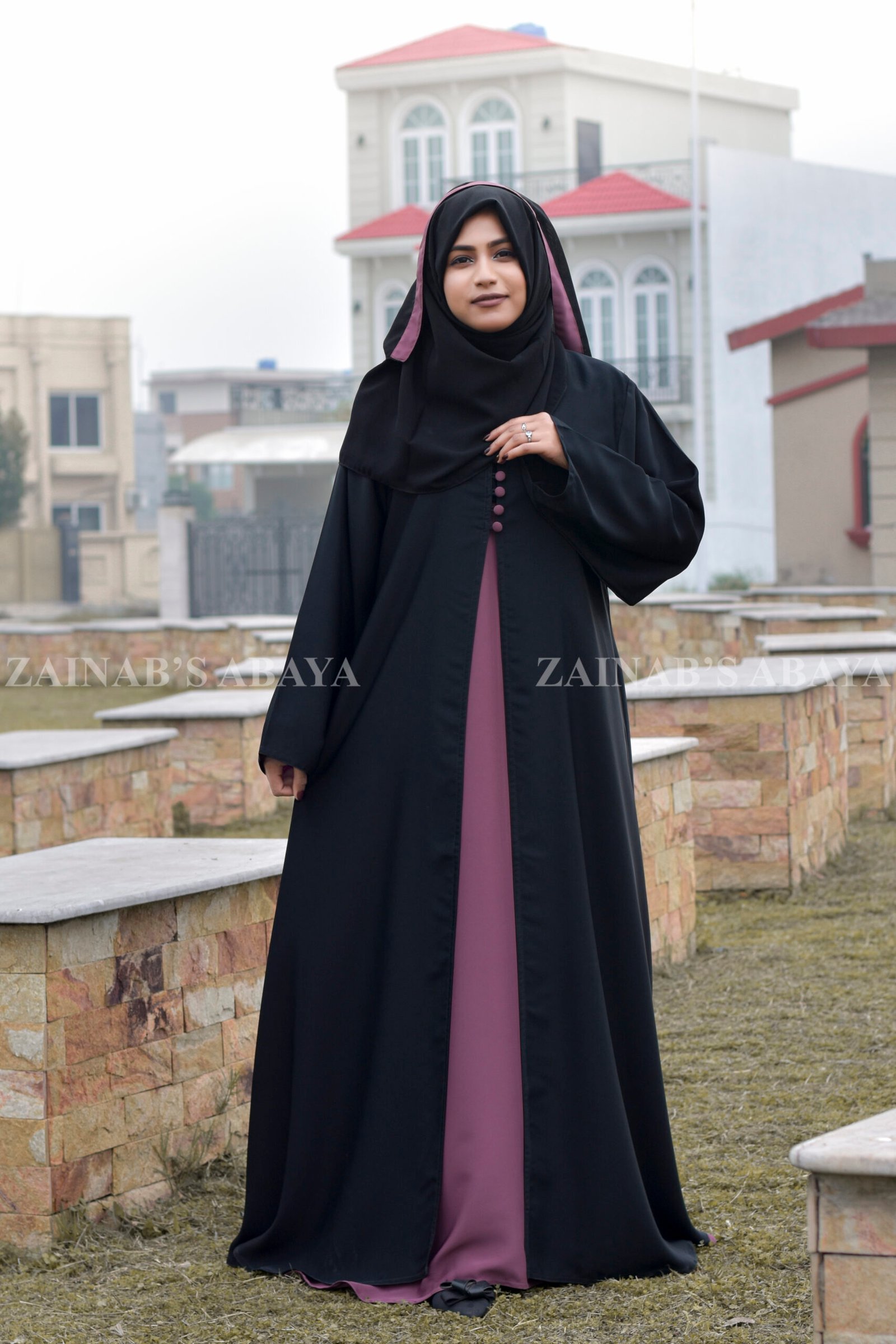 Front Open Abaya - Zainab Designer Abaya Nida Front Open Abaya with Button Style on Front Neck and a matching scarf in chiffon fabric.