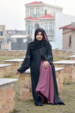 Nida Front Open Abaya with Button Style on Front Neck and a matching scarf in chiffon fabric.