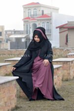 Nida Front Open Abaya with Button Style on Front Neck and a matching scarf in chiffon fabric.