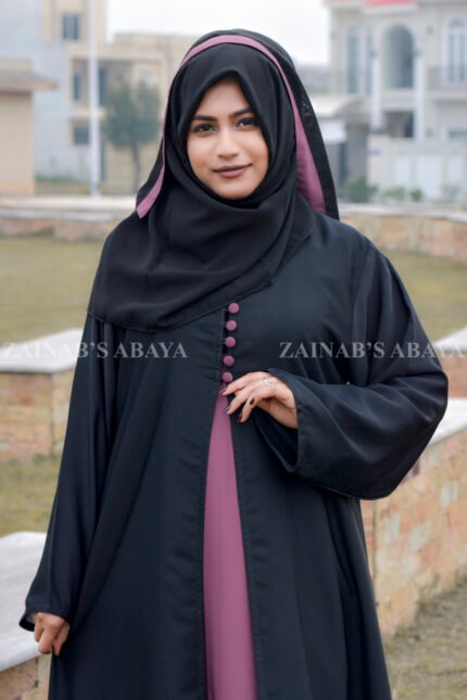 Nida Front Open Abaya with Button Style on Front Neck and a matching scarf in chiffon fabric.