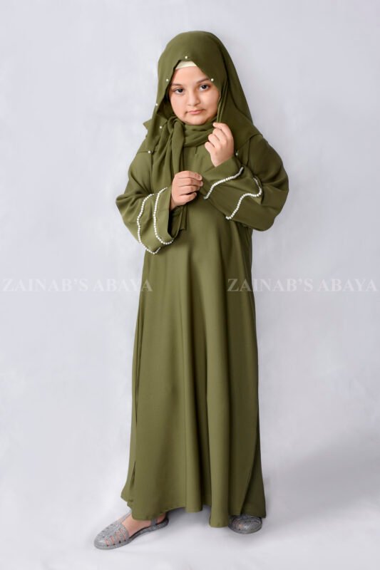 Maxi Abaya for Kids in Olive Green is crafted in Premium Nida Korean Fabric with Pearl Work on Sleeves and scarf as well which is in chiffon fabric.