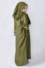 Maxi Abaya in Olive Green Color is crafted in Premium Nida Korean Fabric with shiny pearl work at sleeves and scarf as well which is in chiffon fabric.