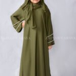 Maxi Abaya for Kids in Olive Green Color is crafted in Premium Nida Korean Fabric with elegant pearl work on sleeves and scarf as well which is in chiffon fabric.