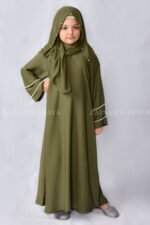 Maxi Abaya for Kids in Olive Green Color is crafted in Premium Nida Korean Fabric with elegant pearl work on sleeves and scarf as well which is in chiffon fabric.