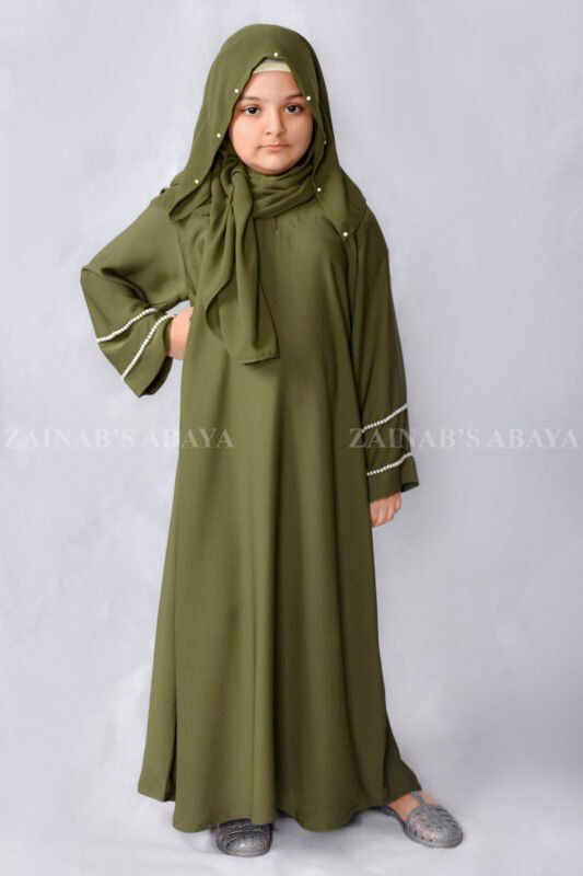Maxi Abaya for Kids in Olive Green Color is crafted in Premium Nida Korean Fabric with elegant pearl work on sleeves and scarf as well which is in chiffon fabric.