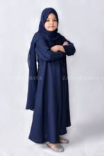 Nida Front Open Abaya for Kida in Navy Blue Color with a matching scarf in Chiffon Fabric.