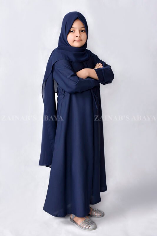 Nida Front Open Abaya for Kida in Navy Blue Color with a matching scarf in Chiffon Fabric.