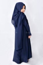 Nida Front Open Abaya for Kids in Navy Blue Color as well as a matching scarf in Chiffon Fabric.