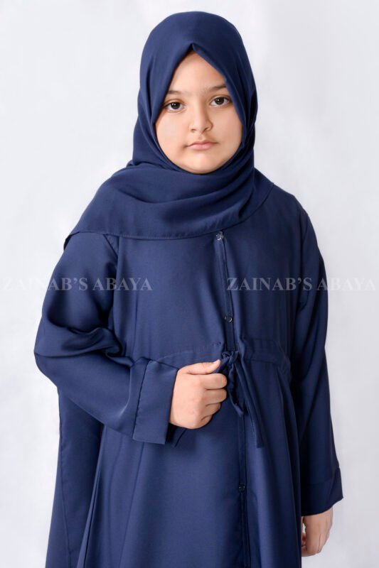 Nida Front Open Abaya for Kids in Navy Blue Color with a matching scarf in Chiffon Fabric.