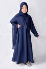 Nida Front Open Abaya for Kids in Navy Color with a matching scarf in Chiffon fabric.
