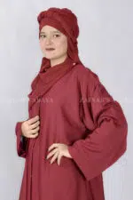 Red Colored Front Open Abaya is crafted in Premium Nida Korean Fabric with side pockets and a matching scarf in Chiffon Fabric