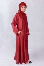 Red Colored Front Open Abaya in Nida Korean Fabric with left right side pockets as well as a matching scarf in Chiffon Fabric.