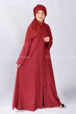 Red Colored Front Open Abaya is crafted with Imported Nida Korean Fabric with side pockets and a matching scarf in Chiffon Fabric.