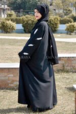 Black Front Open Abaya in Nida Korean Fabric featuring the leaf embroidery on sleeves and a matching scarf in chiffon.