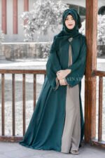 Front Open Gown Abaya with Inner Maxi in Nida Korean Fabric with Embroidery at sleeve ends and a matching scarf in chiffon fabric.