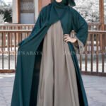 Front Open Gown Abaya with Inner Maxi in Nida Korean Fabric with Embroidery at sleeve ends and a matching scarf in chiffon fabric.