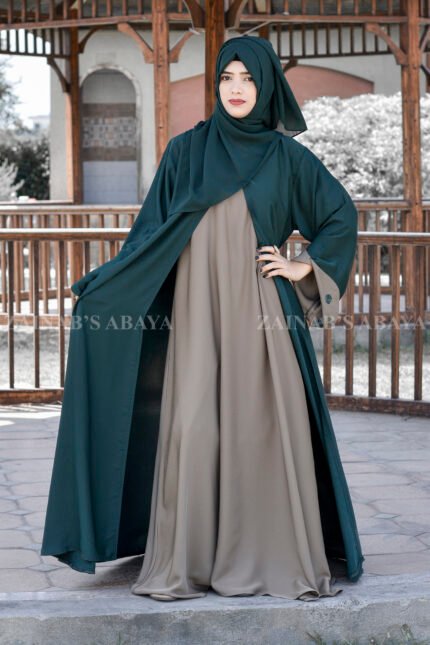 Front Open Gown Abaya with Inner Maxi in Nida Korean Fabric with Embroidery at sleeve ends and a matching scarf in chiffon fabric.