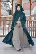 Front Open Gown Abaya with Inner Maxi in Nida Korean Fabric with Embroidery at sleeve ends and a matching scarf in chiffon fabric.