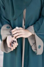 Front Open Gown Abaya with Inner Maxi in Nida Korean Fabric with Embroidery at sleeve ends and a matching scarf in chiffon fabric.