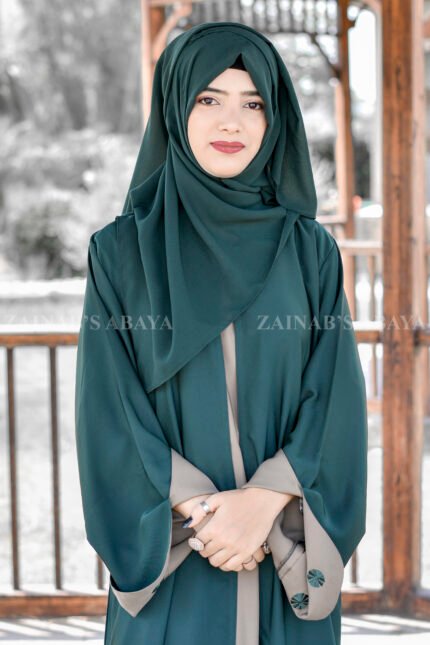 Front Open Gown Abaya with Inner Maxi in Nida Korean Fabric with Embroidery at sleeve ends and a matching scarf in chiffon fabric.