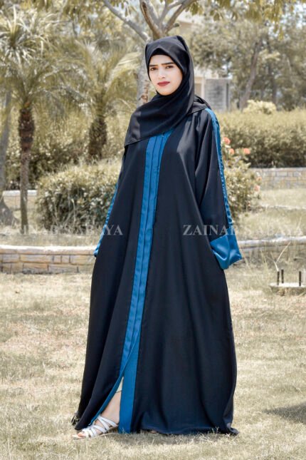 Black Front Open Abaya in Nida Korean Fabric with double colored strap and a matching scarf in chiffon fabric.