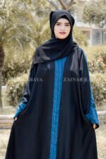 Black Front Open Abaya in Nida Korean Fabric with double colored strap and a matching scarf in chiffon fabric.