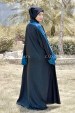 Black Front Open Abaya in Nida Korean Fabric with double colored strap and a matching scarf in chiffon fabric.
