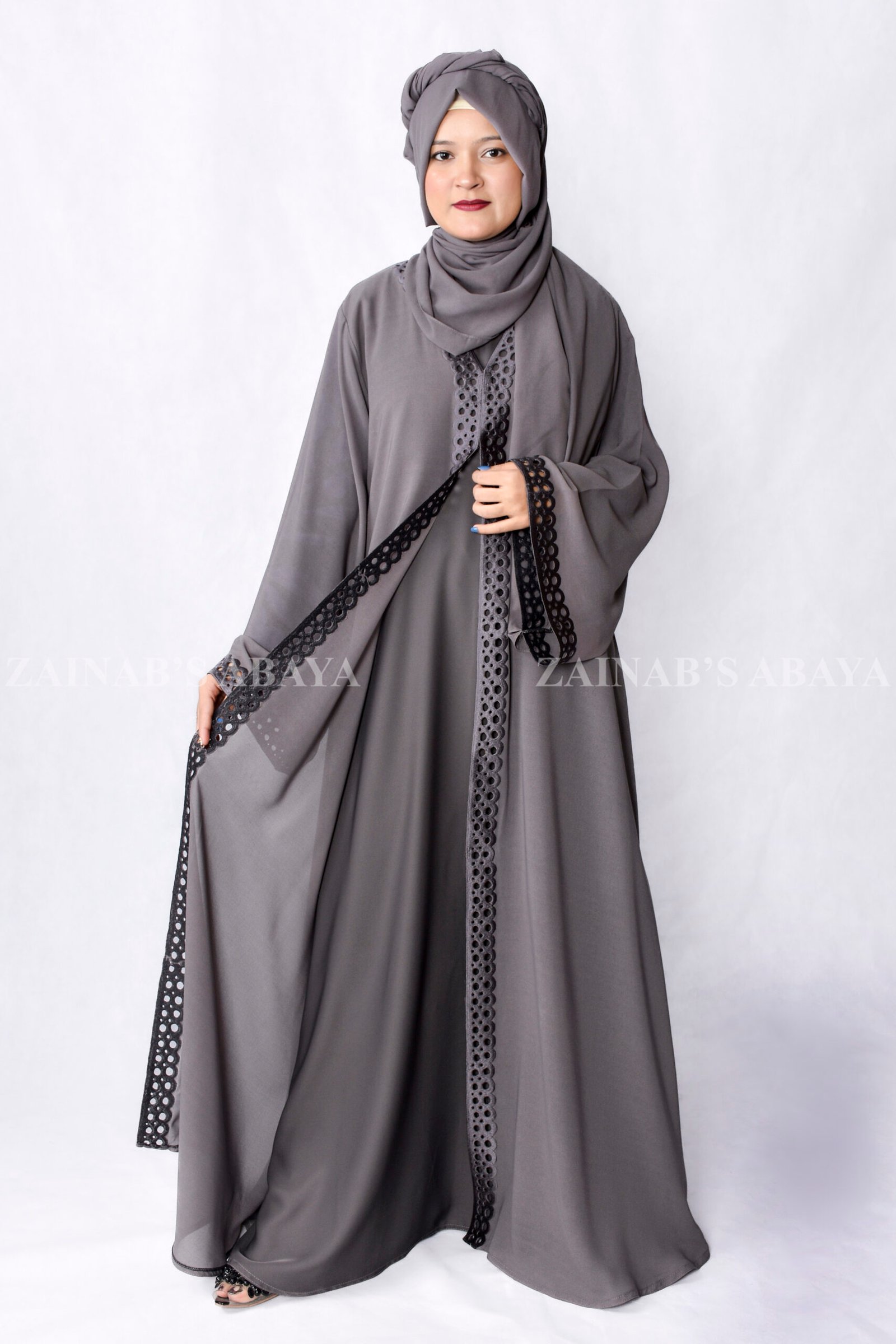 Gown Abaya - Zainab Designer Abaya Grey Colored Gown Abaya in Nida Korean Fabric featuring embroidery and cutwork on front borders and sleeves as well as same matching scarf in chiffon.