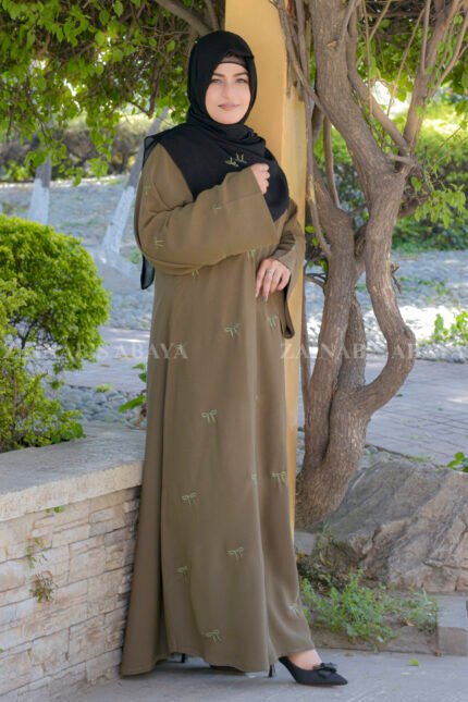 Nida Maxi Abaya for Women in Skin Color with Stylish bow embroidery