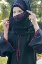 Black Front Open Abaya in Nida Fabric with Embroidery at front sleeves and a matching scarf in chiffon fabric with same embroidery pattern.