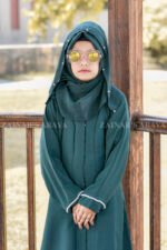 Green Colored Front Open Abaya for Kids in Nida Fabric with Pearl