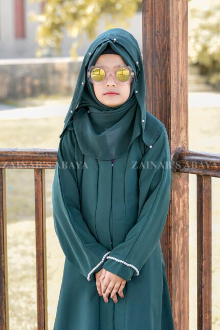 Green Colored Front Open Abaya for Kids in Nida Fabric with Pearl
