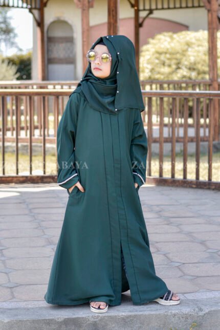Green Colored Front Open Abaya for Kids in Nida Fabric with Pearl Work
