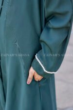 Green Colored Front open Abaya for Kids in Nida Fabric with Pearl Work