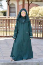 Green Colored Front open Abaya for Kids in Nida Fabric with Pearl Work