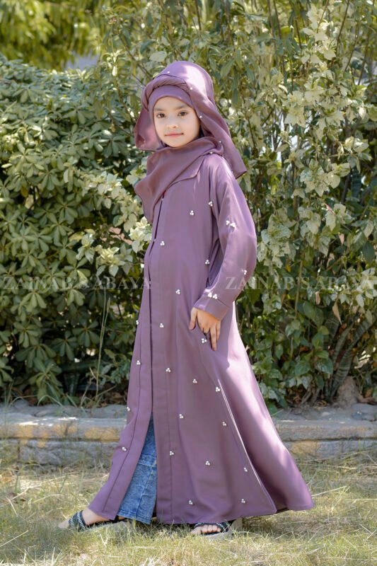 Kasni Colored Front Open Abaya for kids in Nida Fabric with Pearl Work