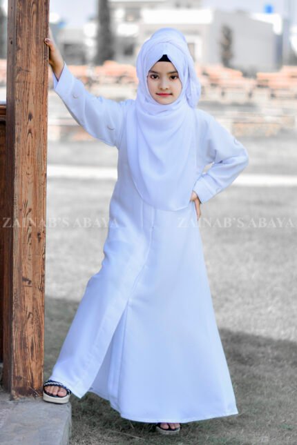 White Colored Front Open Abaya for Kids in Nida Fabric with Embroidery