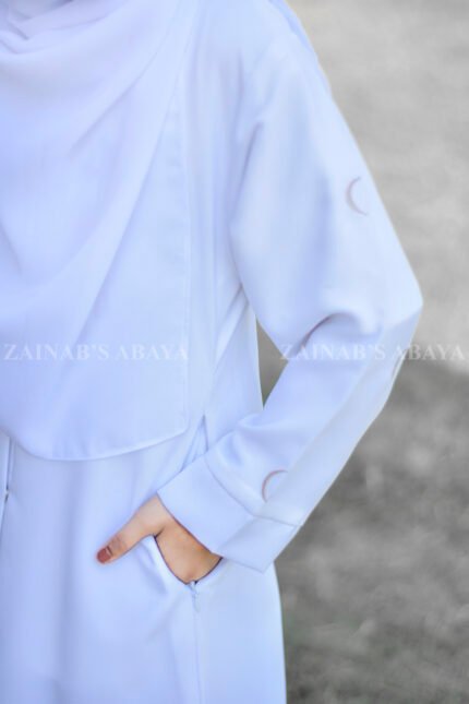 White Colored Front Open Abaya for Kids in Nida Fabric with Embroidery
