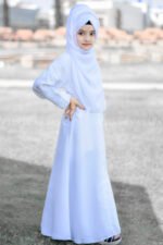 White Colored Front Open Abaya for Kids in Nida Fabric with Embroidery