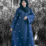 Nida Front Open Abaya for women in Navy Blue Color with Embroidery and Piping