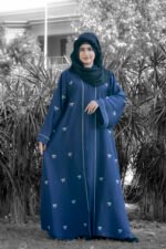 Nida Front Open Abaya for women in Navy Blue Color with Embroidery and Piping
